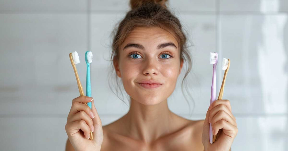 A 25yo woman showing off few toothbrushes on her hands in her bathroom
