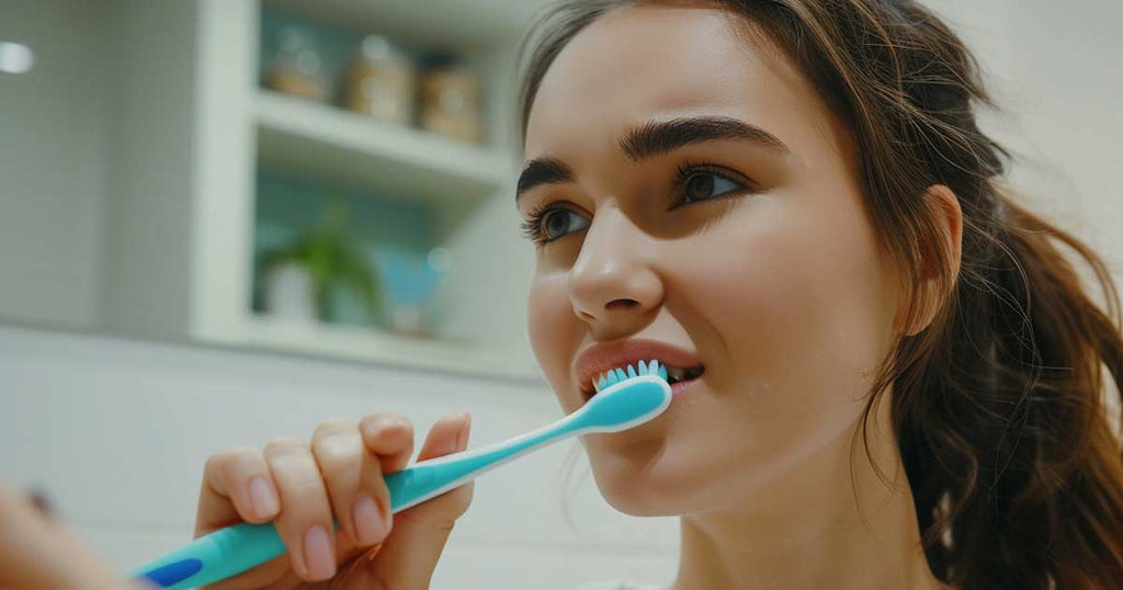A woman brushing her teeth with a manual toothbrush