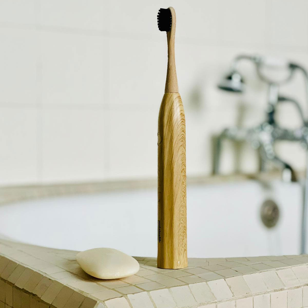 Zen Bamboo Electric Sustainable Toothbrush in a Bathroom